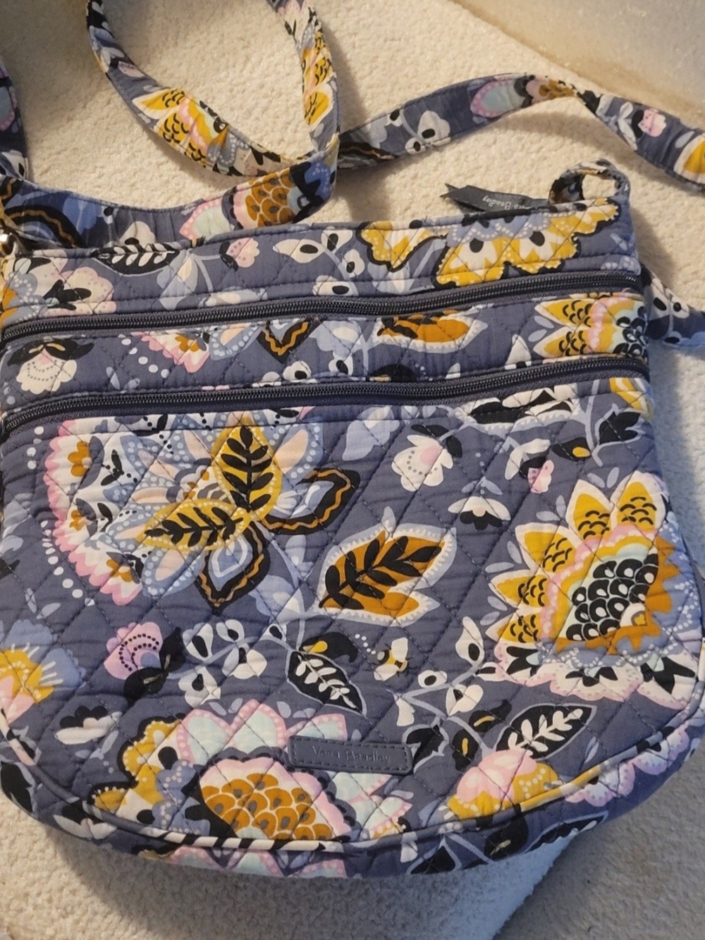 Vera Bradley Quilted Crossbody in Gray Floral with Yellow Accents